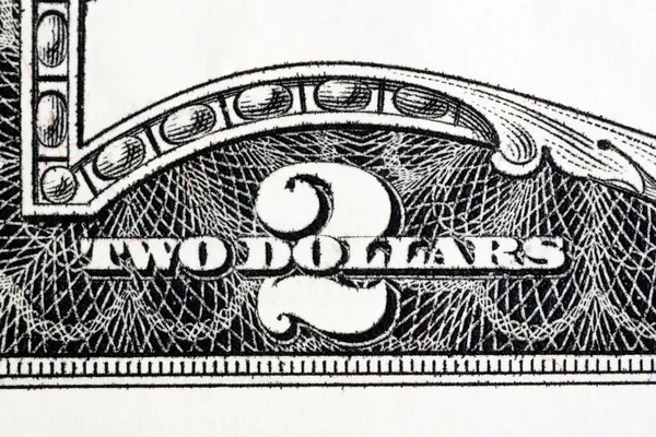 Um fim de uma nota de dois dólares. Deatail foto de dinheiro dos EUA . — Fotografia de Stock