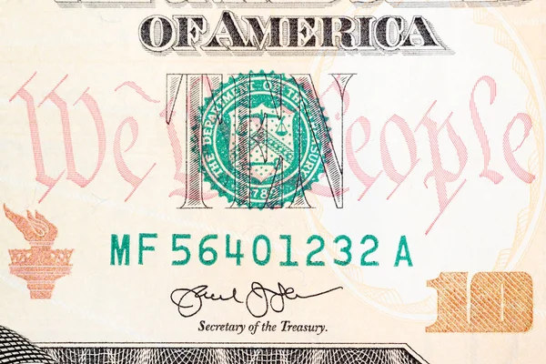 Nowy amerykański banknot dziesięć dolarów niektóre szczegóły nowego projektu w niezwykle wysokiej rozdzielczości. — Zdjęcie stockowe