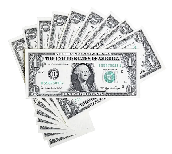 One dollar U.S. banknote bills on white. Abstract composition. — 스톡 사진