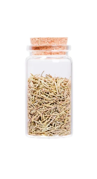 Rosemary spice herb in a glass bottle with cork stopper, isolated on white. — Stock Photo, Image