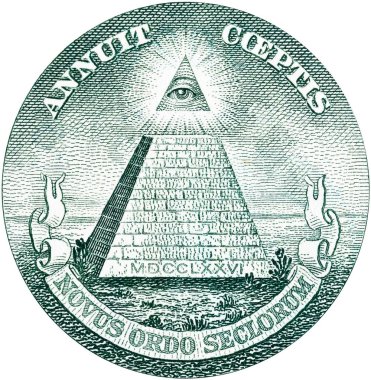Great Seal of United States from reverse of one dollar bill. Isolated over white.