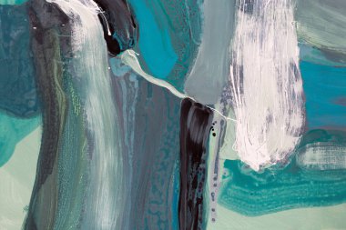 Yeşil, beyaz ve siyah renklerde yağlı parlak soyut resim, ilginç bir arka plan..