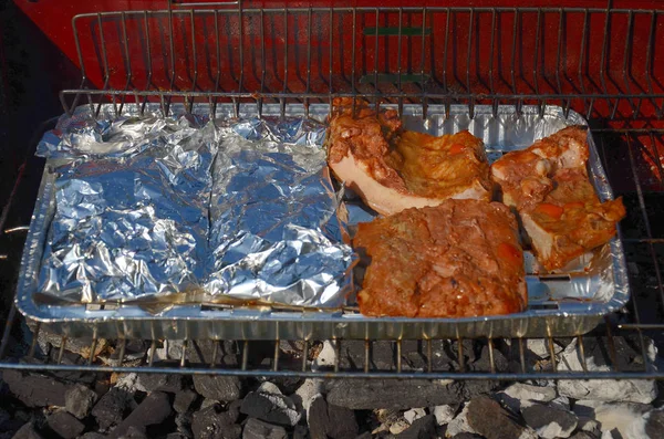 Preparare Cibo Una Griglia Giardino Carbone — Foto Stock