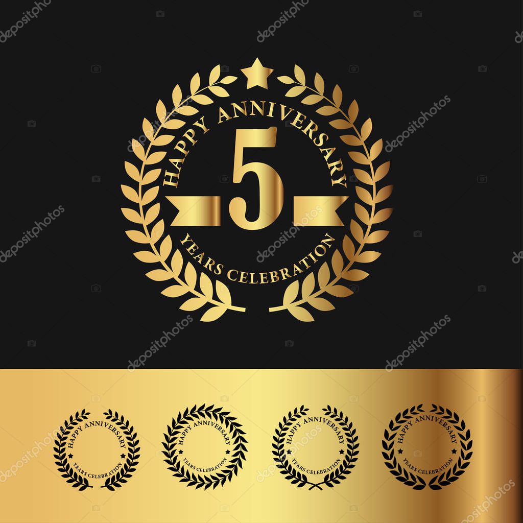 Golden Laurel Wreath Anniversary Badge. 5 Years Anniversary. Vector Illustration