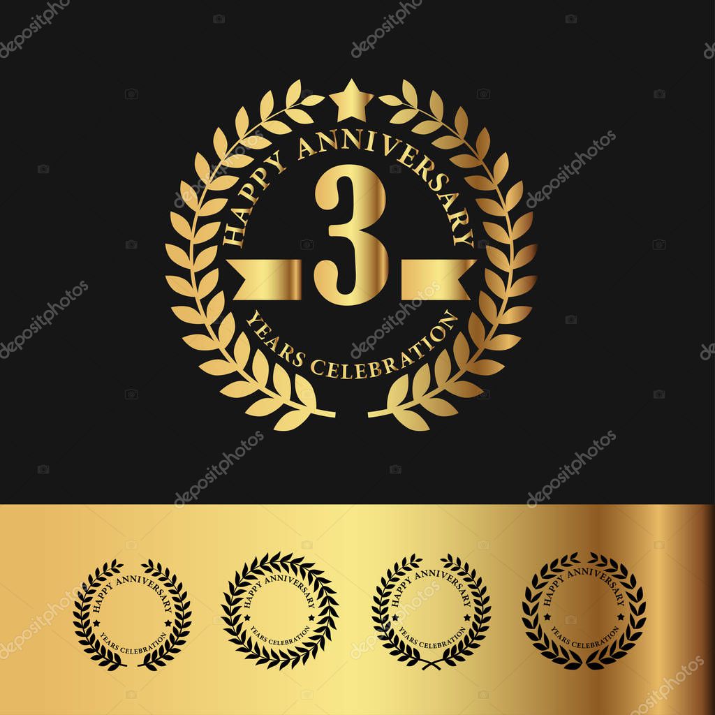 Golden Laurel Wreath Anniversary Badge. 3 Years Anniversary. Vector Illustration