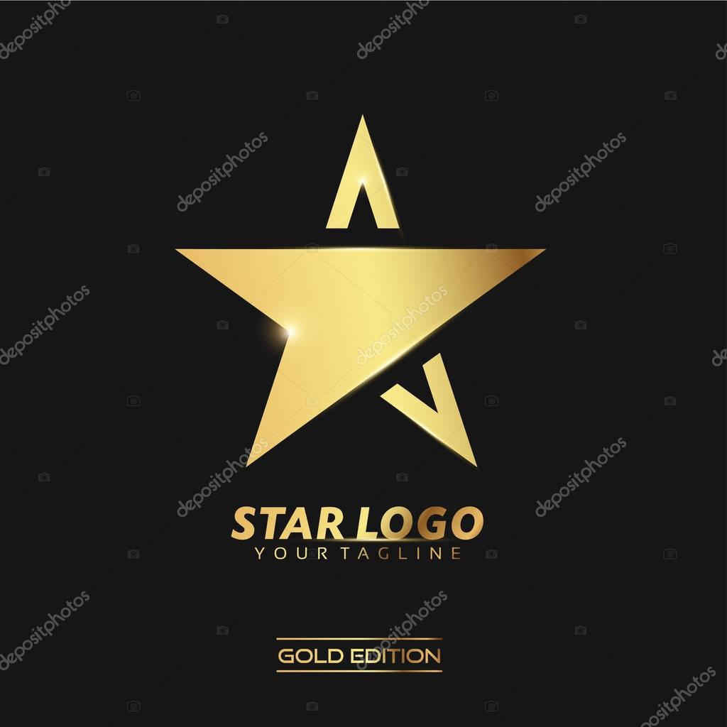 Gold Star logo with inscription vector template on black background