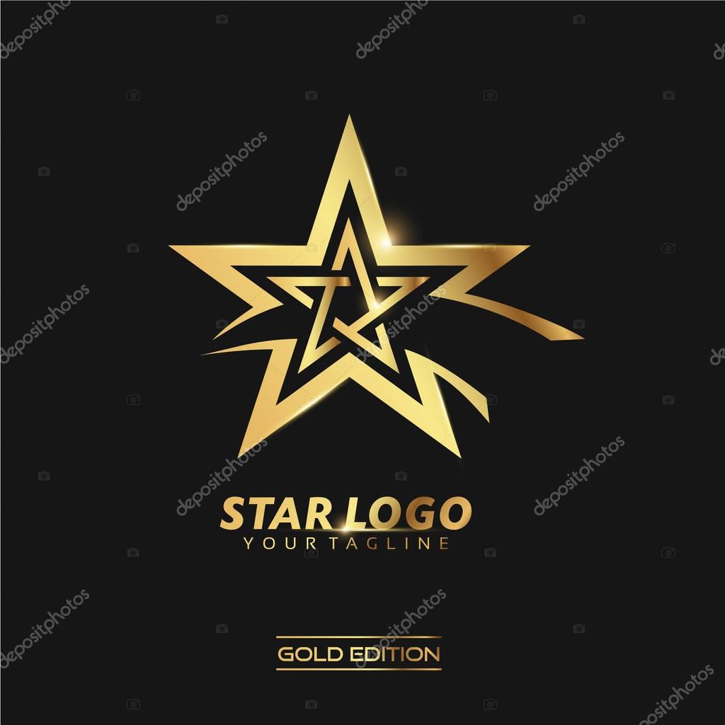 Gold Star logo with inscription vector template on black background