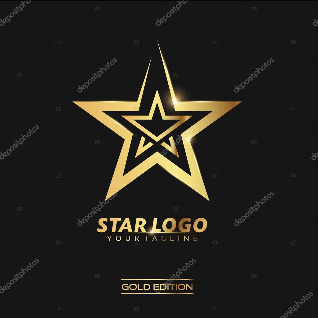 Gold Star logo with inscription vector template on black background
