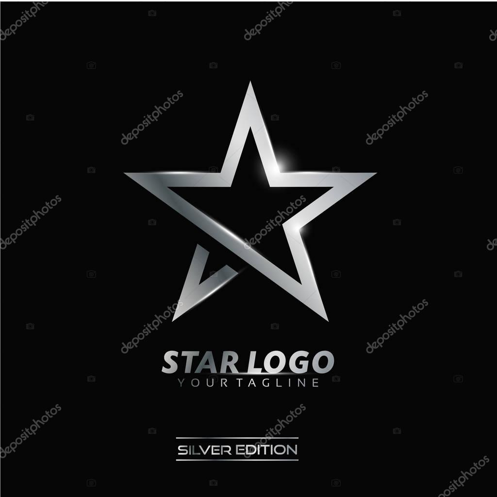 Silver Star logo with inscription vector template on black background