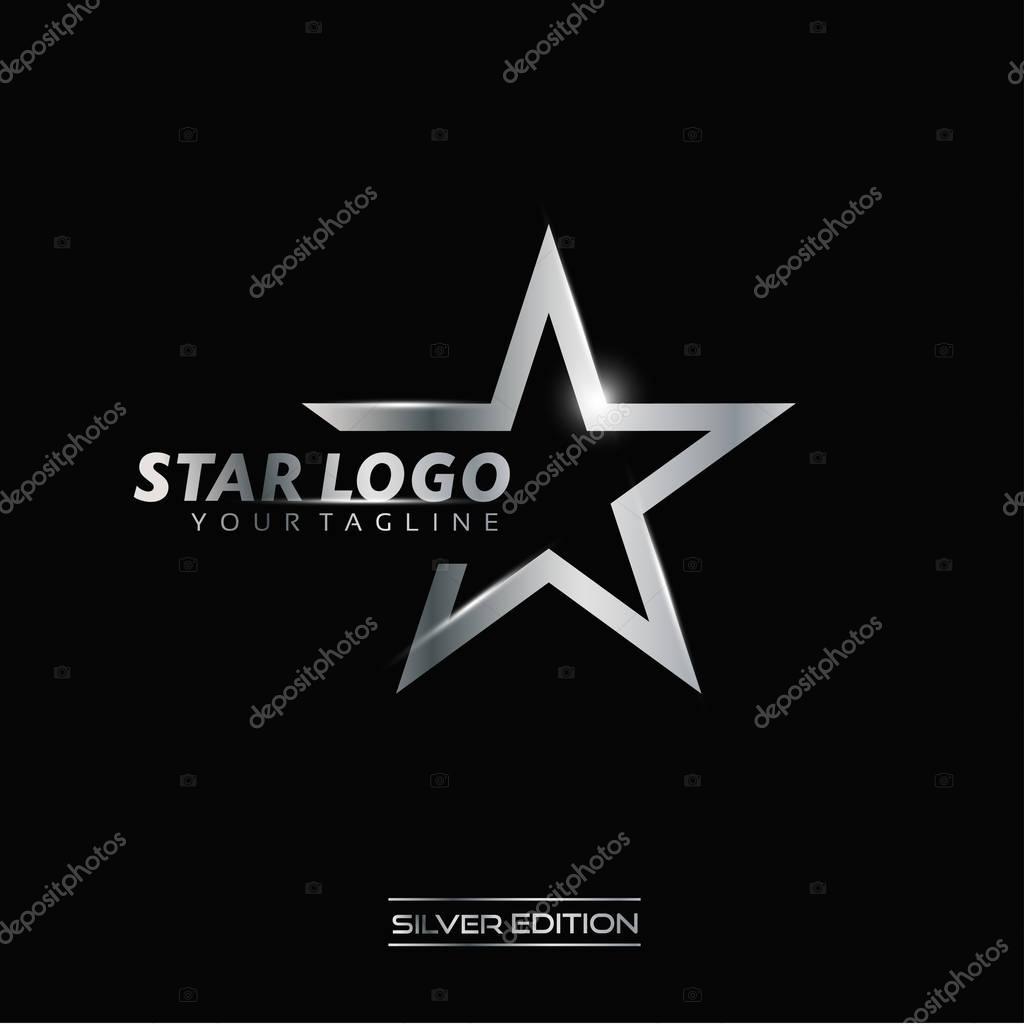 Silver Star logo with inscription vector template on black background