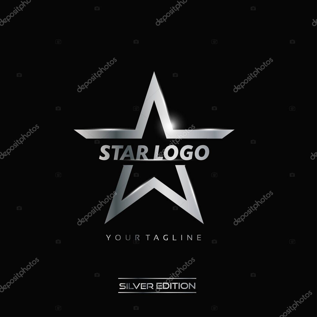 Silver Star logo with inscription vector template on black background