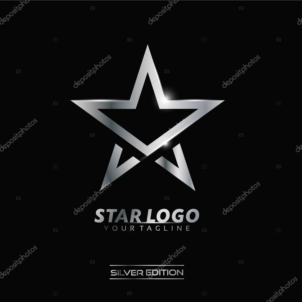 Silver Star logo with inscription vector template on black background