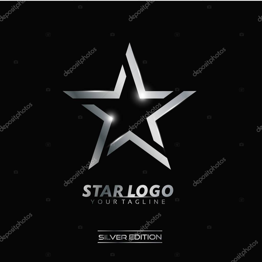 Silver Star logo with inscription vector template on black background