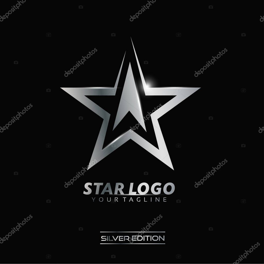 Silver Star logo with inscription vector template on black background