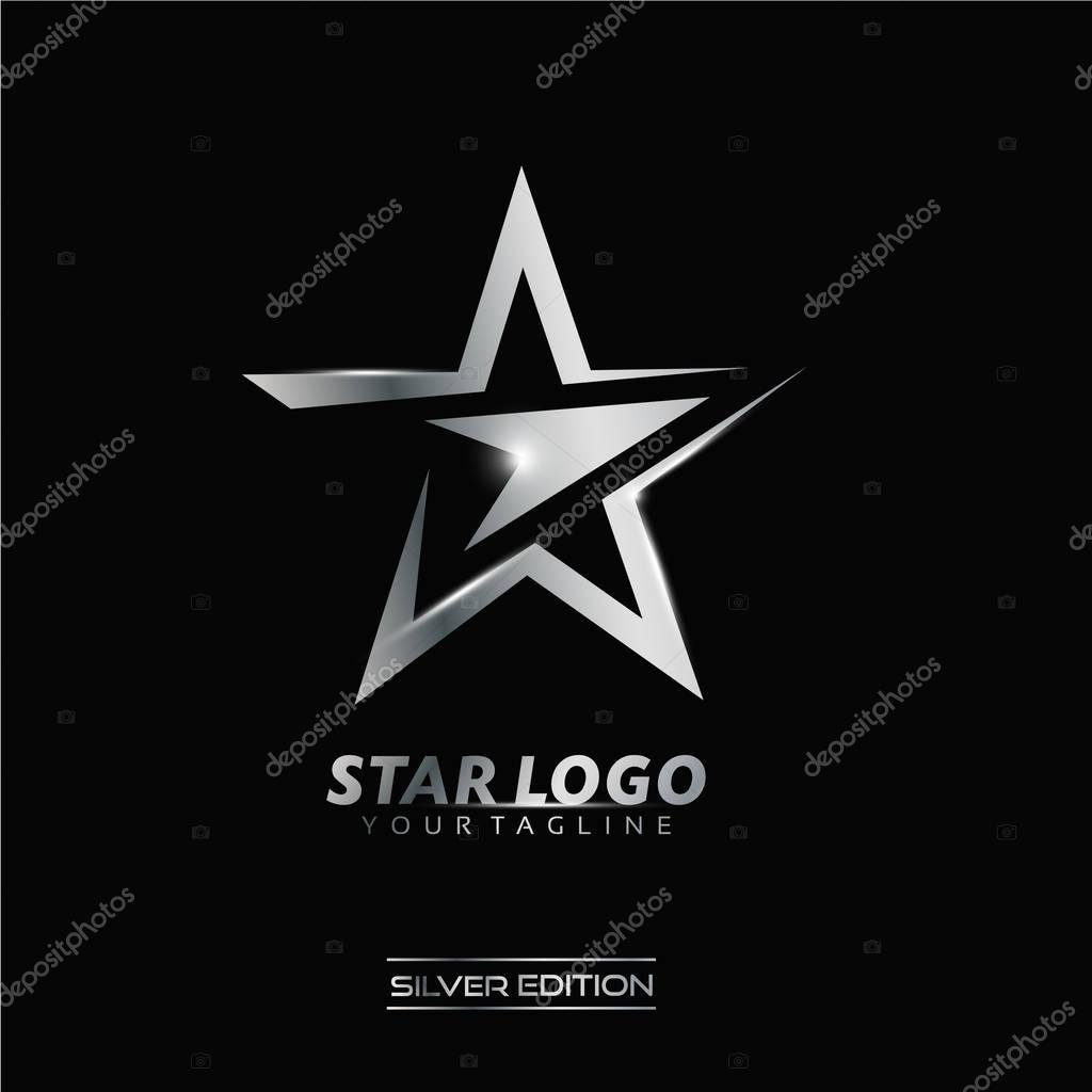 Silver Star logo with inscription vector template on black background