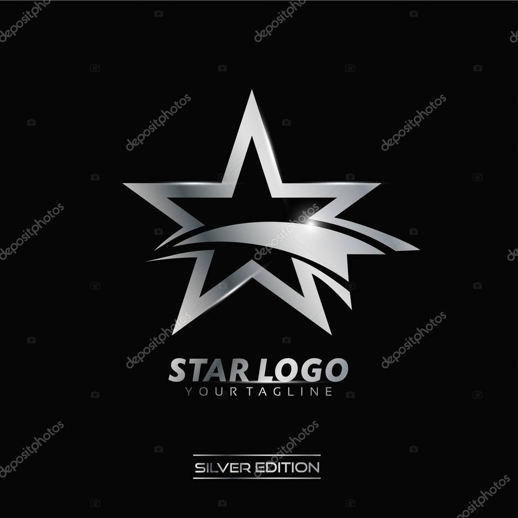 Silver Star logo with inscription vector template on black background