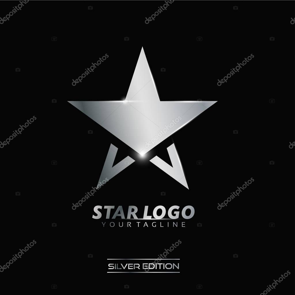 Silver Star logo with inscription vector template on black background