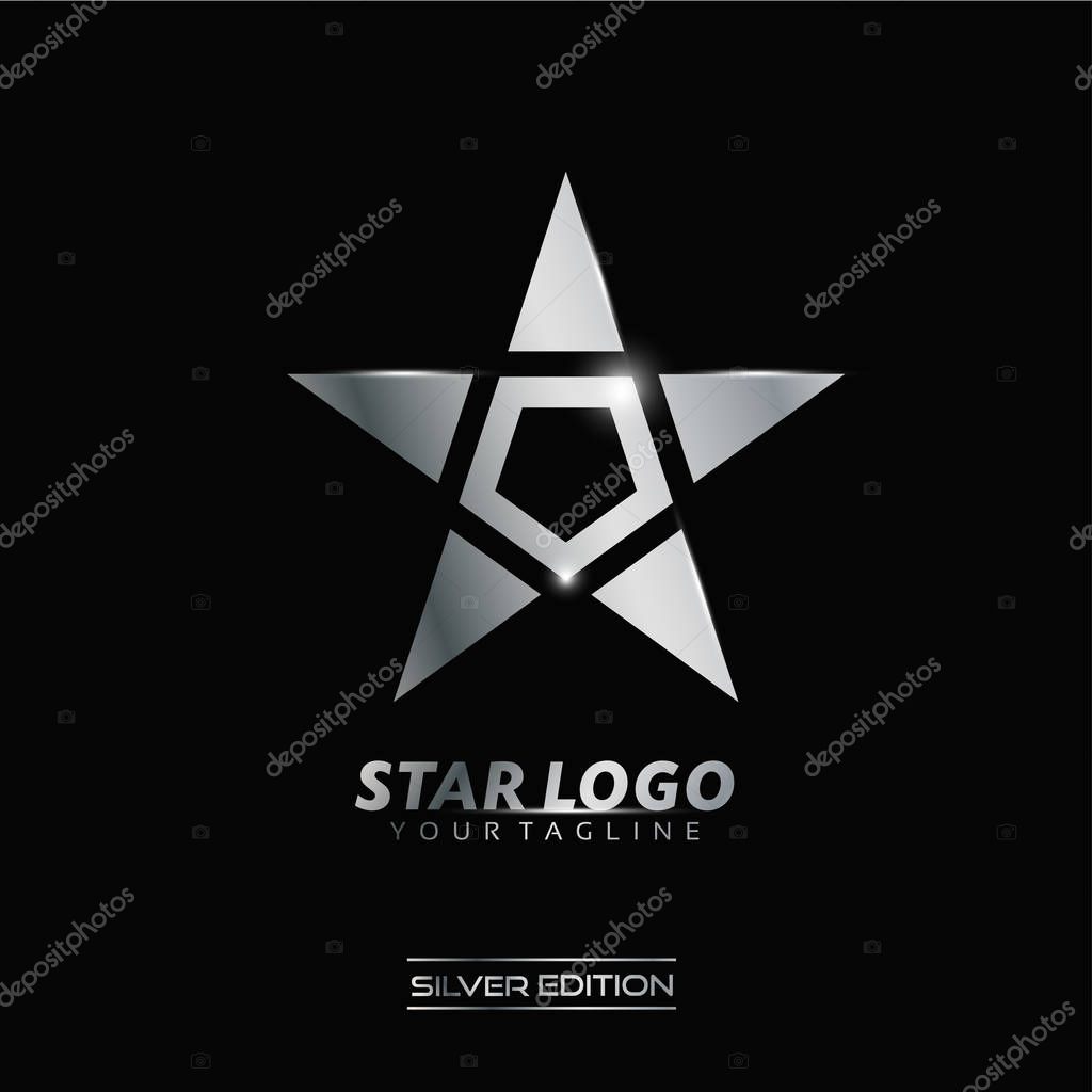 Silver Star logo with inscription vector template on black background