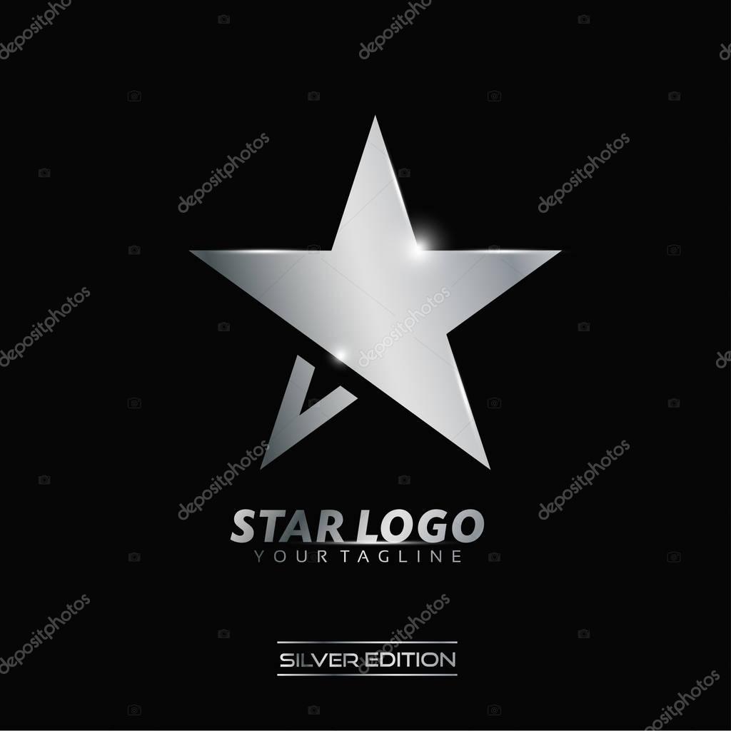 Silver Star logo with inscription vector template on black background