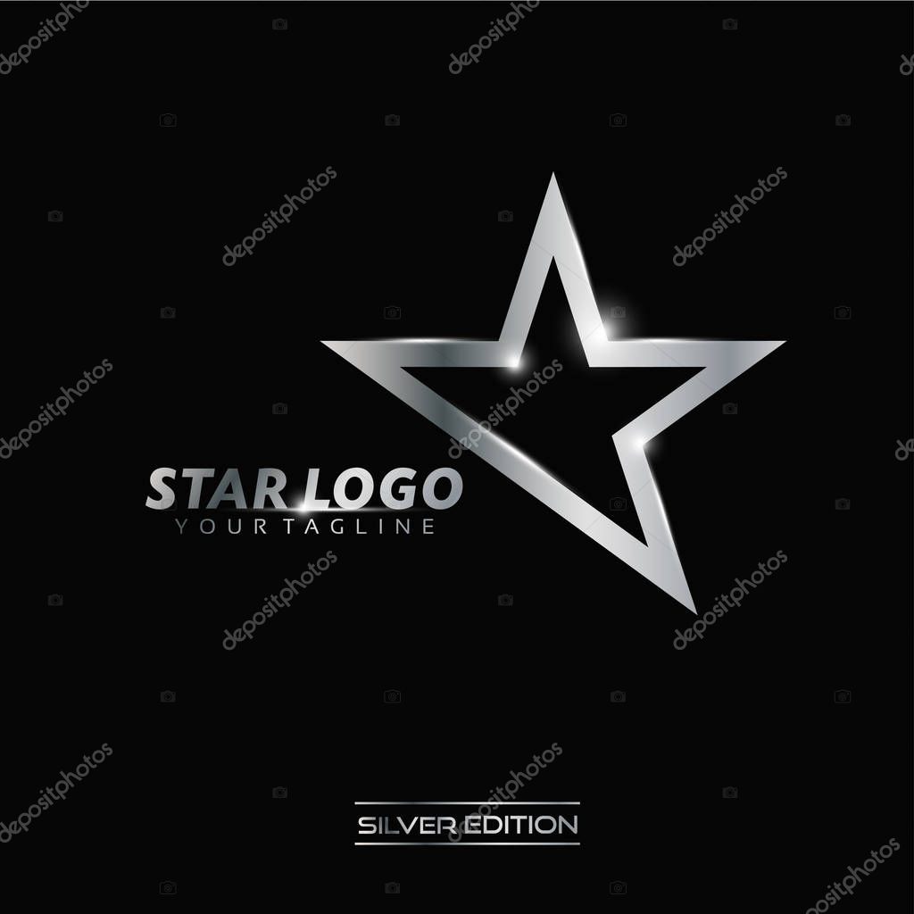 Silver Star logo with inscription vector template on black background