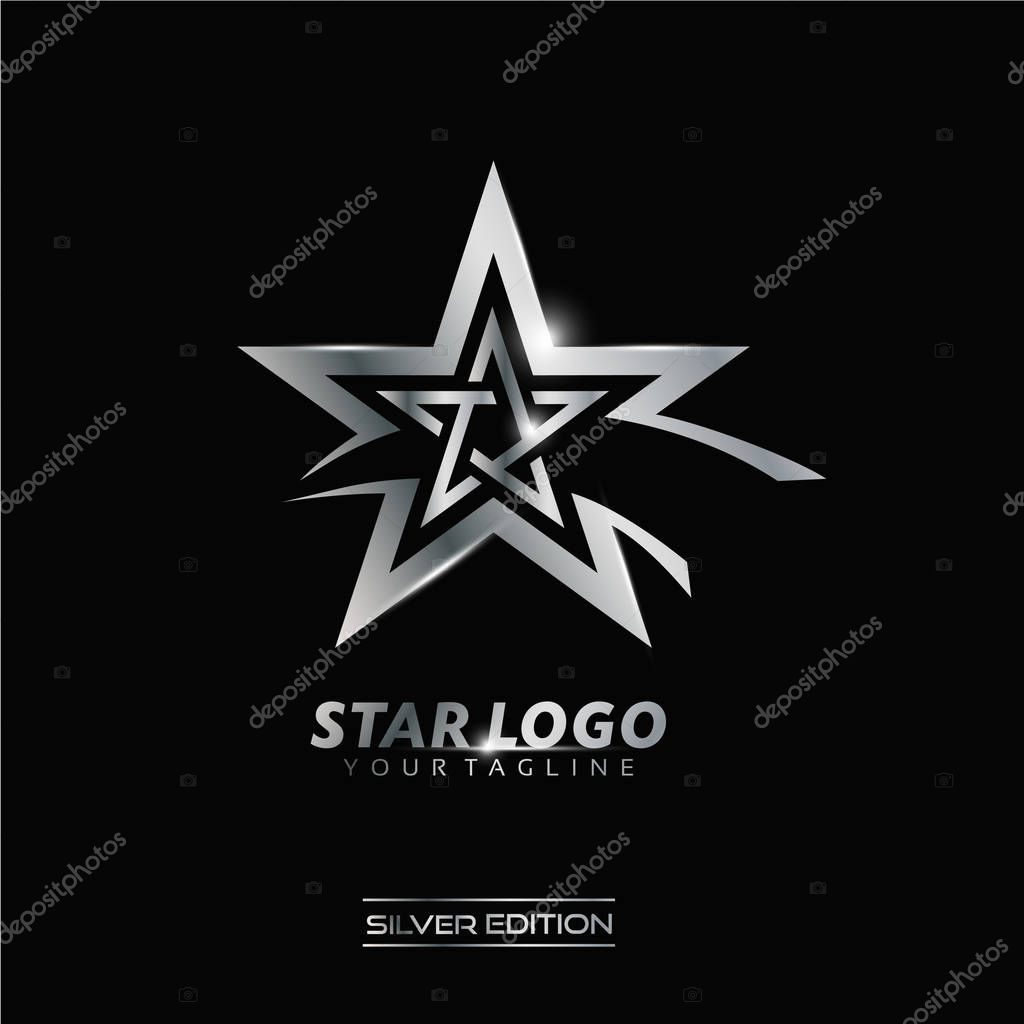 Silver Star logo with inscription vector template on black background