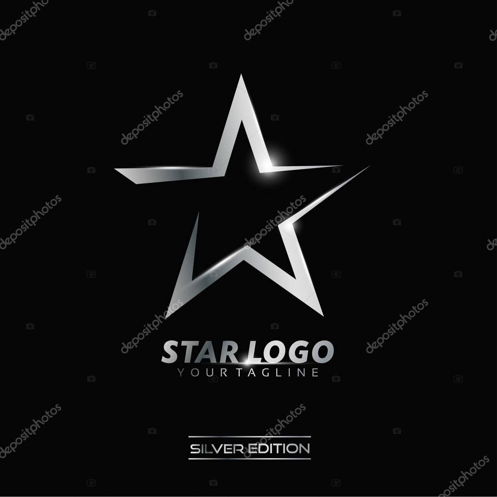 Silver Star logo with inscription vector template on black background