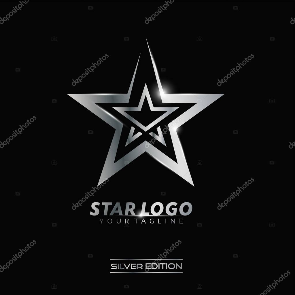 Silver Star logo with inscription vector template on black background