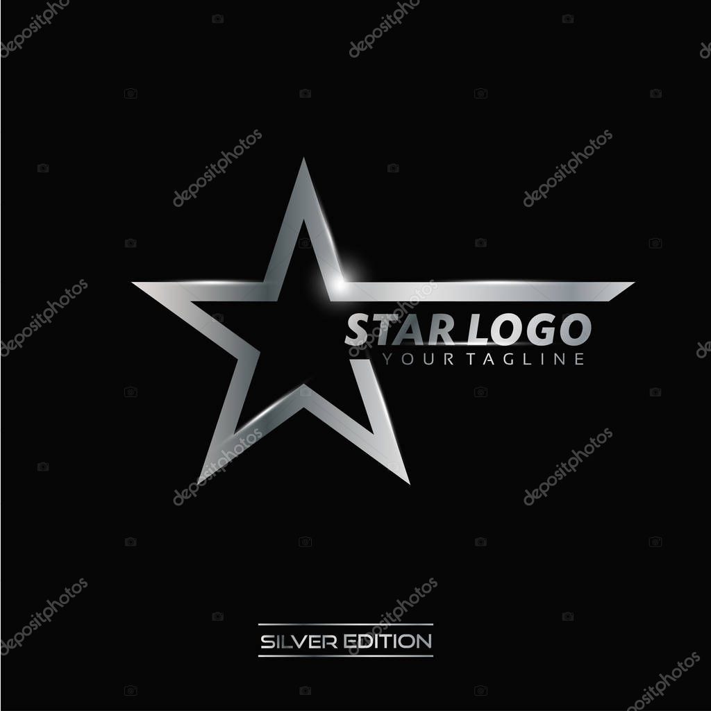 Silver Star logo with inscription vector template on black background