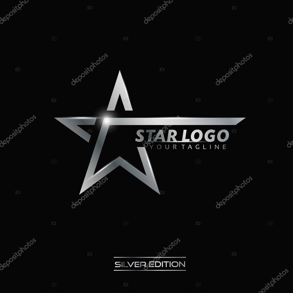 Silver Star logo with inscription vector template on black background