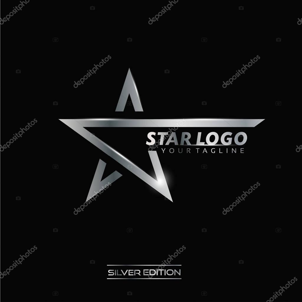 Silver Star logo with inscription vector template on black background