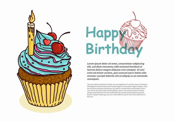 Carte d'anniversaire avec cupcake dessiné à la main — Image vectorielle