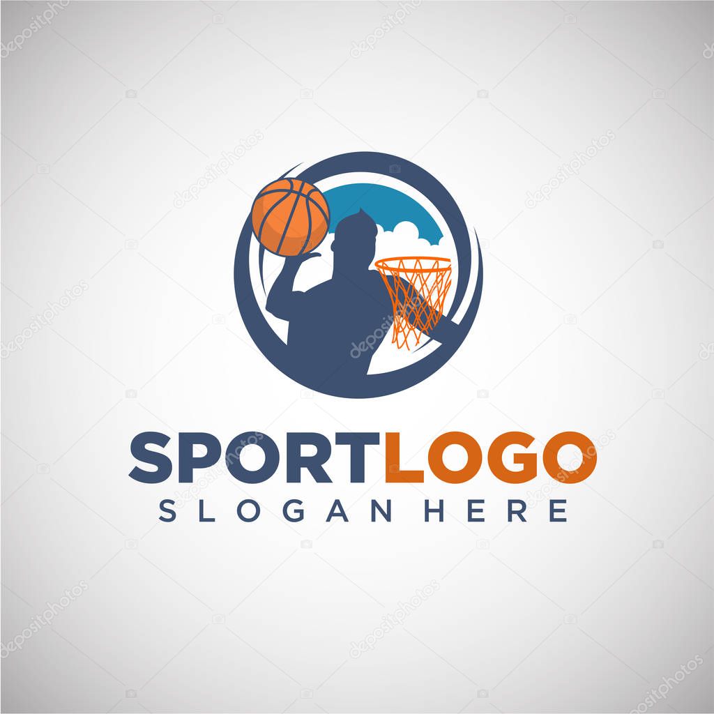 Sport Basketball Logo Template with player Silhouette. Vector Illustration