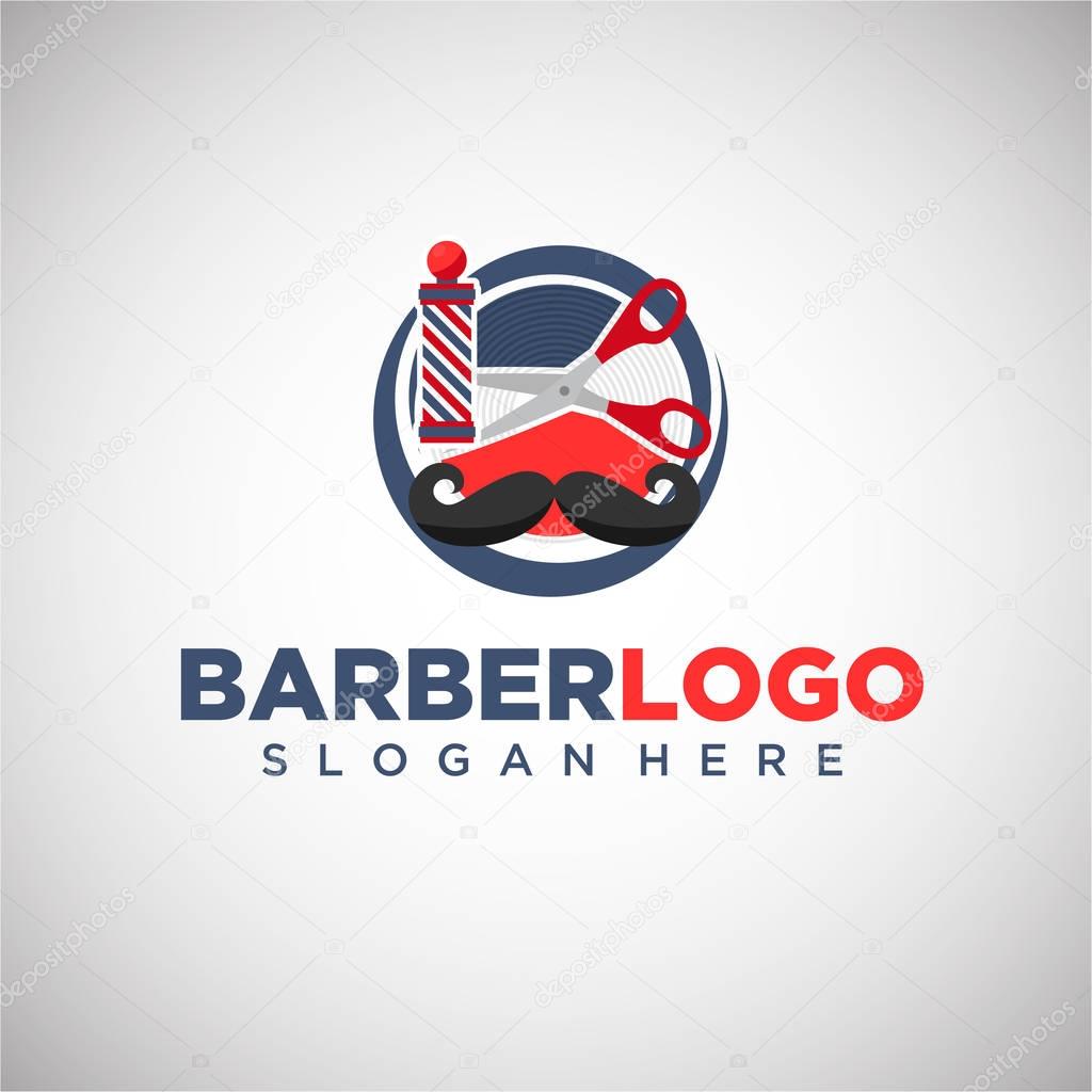 Barber logo with scissors and moustache, vector illustration