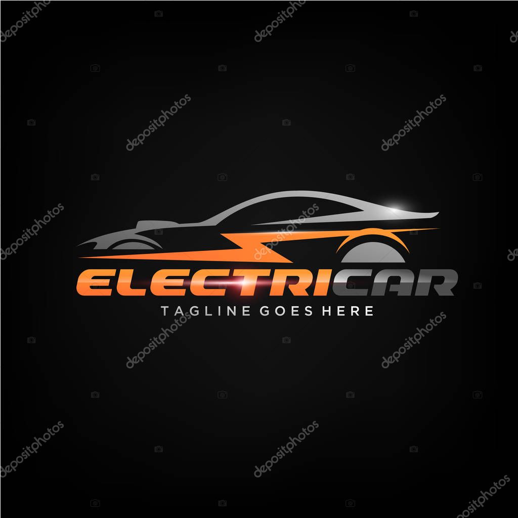 Electric Car orange and grey Logo on black background, vector illustration