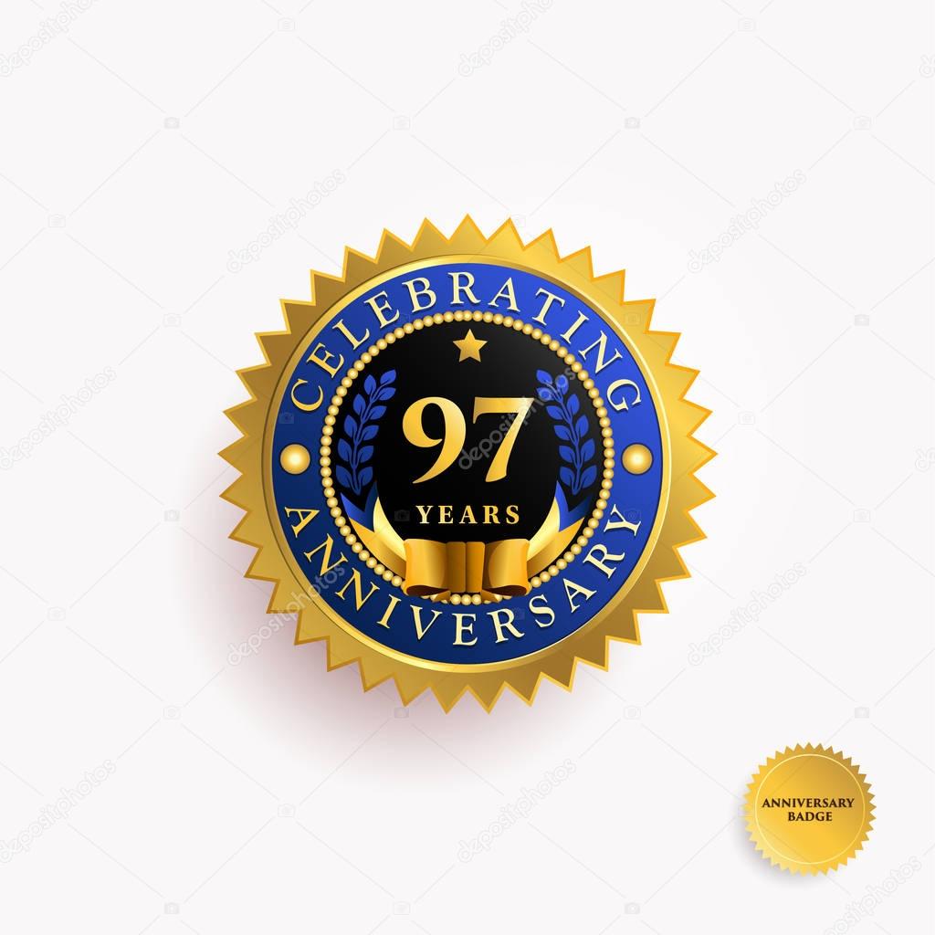 97   Years anniversary golden badge logo. Vector illustration