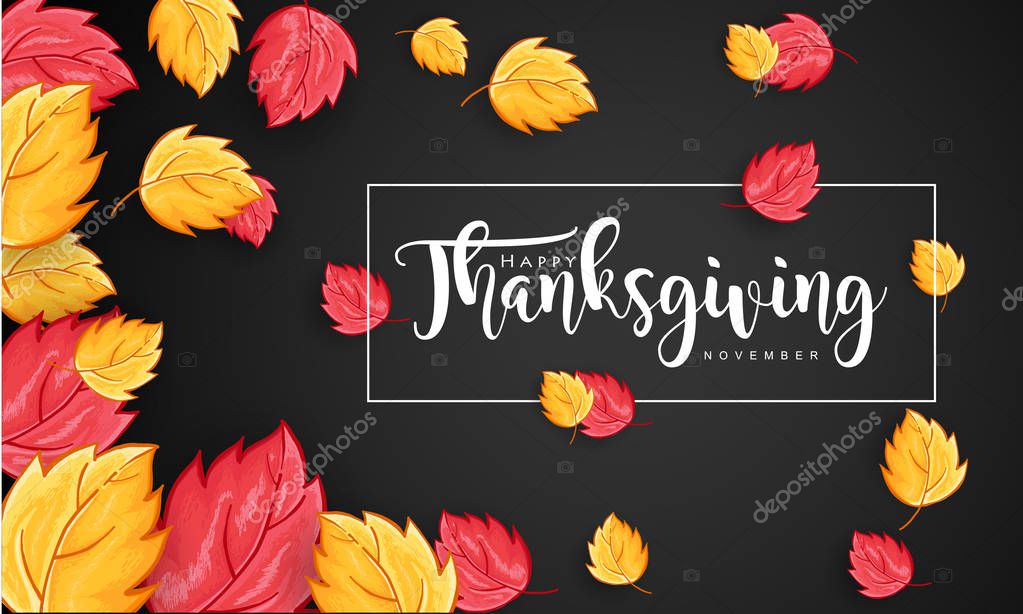 Hand drawn Thanksgiving typography with leaves. Thanksgiving vector vintage style calligraphy for Poster, Postcard and Invitation card