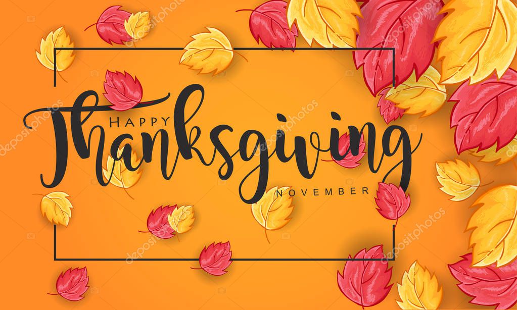 Hand drawn Thanksgiving typography with leaves. Thanksgiving vector vintage style calligraphy for Poster, Postcard and Invitation card