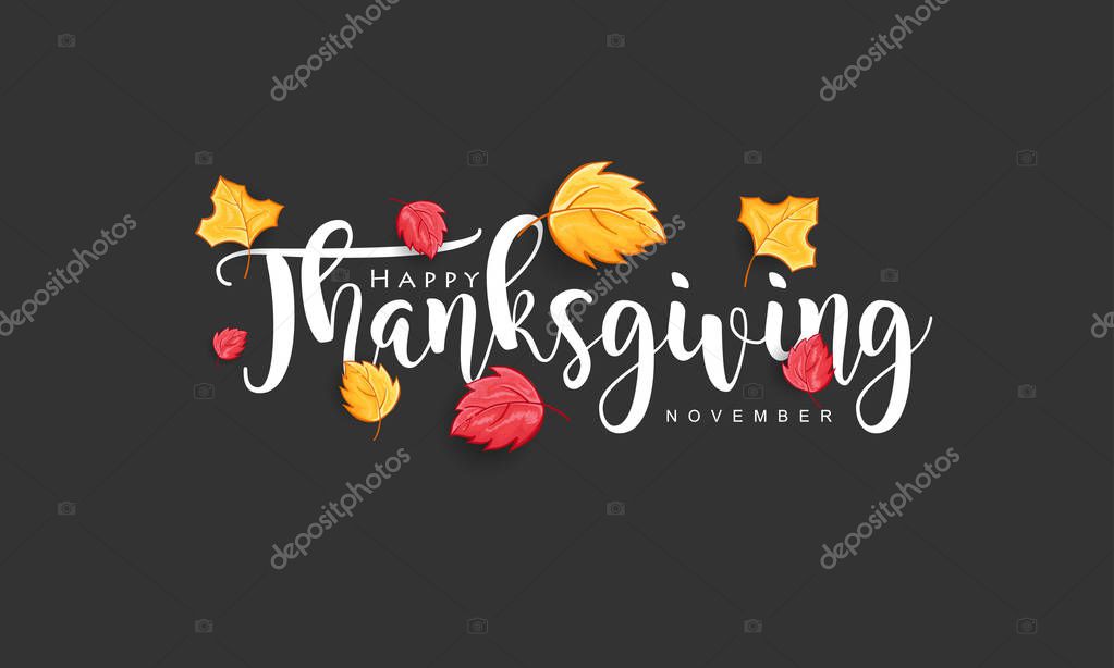 Hand drawn Thanksgiving typography with leaves. Thanksgiving vector vintage style calligraphy for Poster, Postcard and Invitation card