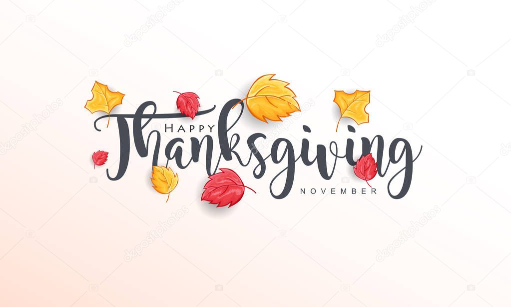 Hand drawn Thanksgiving typography with leaves. Thanksgiving vector vintage style calligraphy for Poster, Postcard and Invitation card