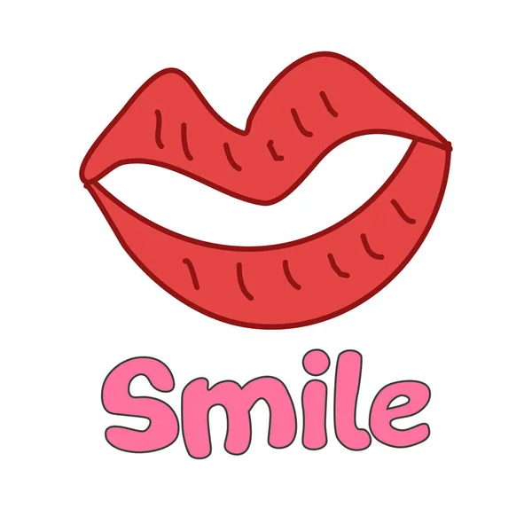 Doodle de labios con texto de sonrisa — Vector de stock