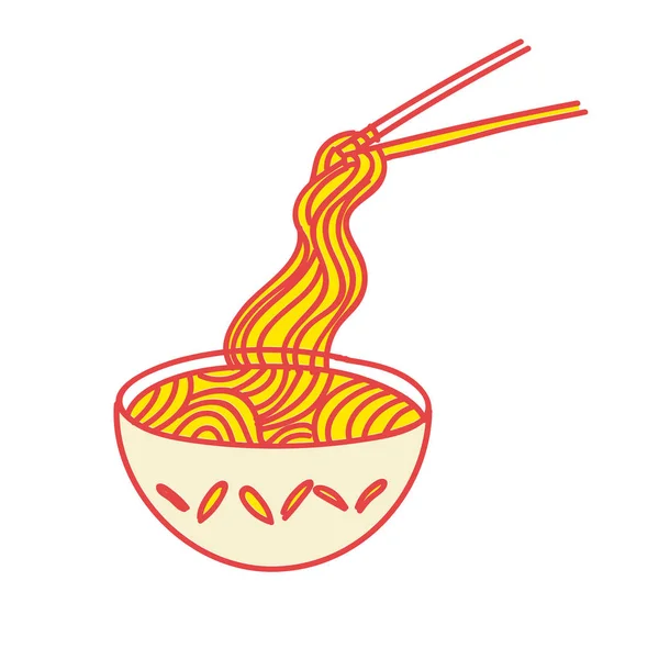 Nouille délicieuse dessinée à la main dans le bol Doodle Illustration — Image vectorielle