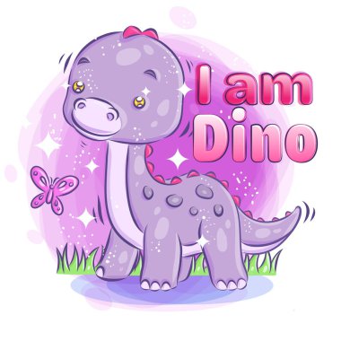 Parlak arkaplanlı sevimli Dino gülüşü. Renkli Cartoo.