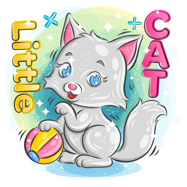Симпатичный маленький котенок играет в разноцветный мяч со счастливым выражением лица. — стоковый вектор