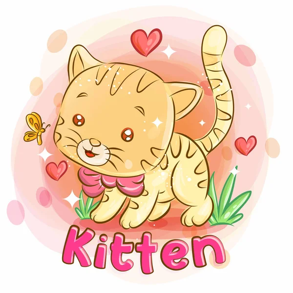 Cute Kitten gra w ogrodzie i uczucie miłości.kolorowy koszyk — Wektor stockowy