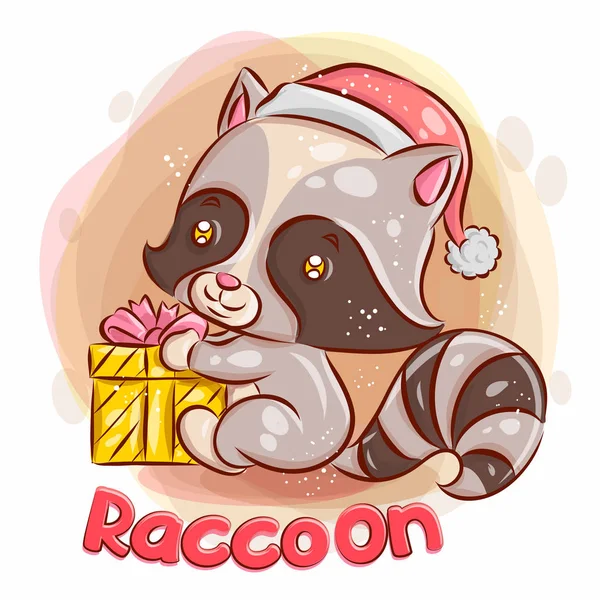 Cute Raccoon Have a Christmas Gift.Colorful Cartoon Illustration — 스톡 벡터