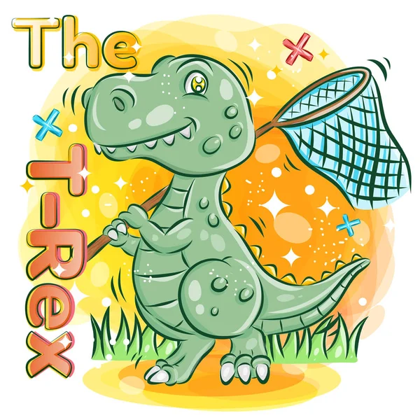 Cute T-rex hold a Butterfly Net on The Garden.Colorful Cartoon I Royalty Free Stock Illustrations