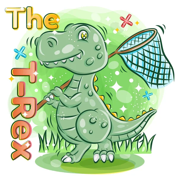 Cute T-rex hold a Butterfly Net on The Garden.Colorful Cartoon I Royalty Free Stock Vectors