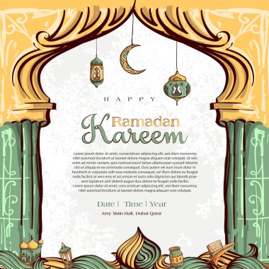 Ramazan Kareem ve El çizimi İslami Çizim Süslemesi Beyaz Grunge Arkaplanı
