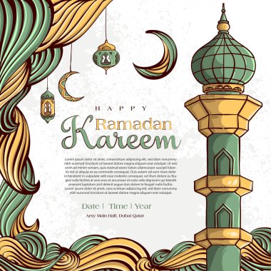 Ramazan Kareem ve El çizimi İslami Çizim Süslemesi Beyaz Grunge Arkaplanı