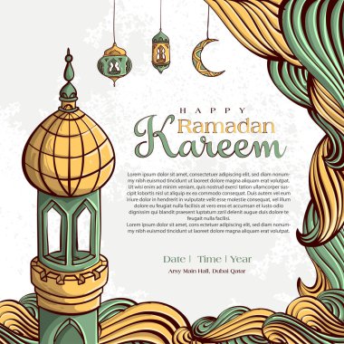 Ramazan Kareem ve El çizimi İslami Çizim Süslemesi Beyaz Grunge Arkaplanı